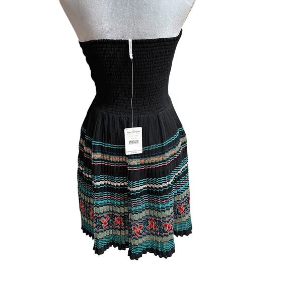 FREE PEOPLE Boho Black Strapless Embroidered Mini Dress Pleated Skirt S,‎ NWT - Picture 3 of 10
